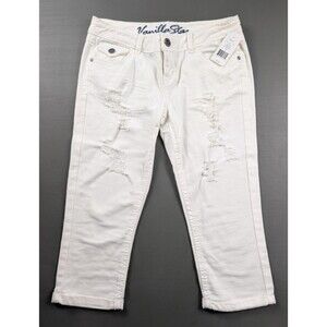 Vanilla Star White Capri Jeans Distressed Stretch Size 9 Juniors Raw Hem Cropped